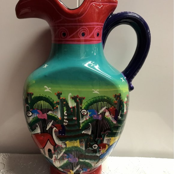 Vintage Large Talavera Hand Painted Colorful Pitcher Jug Beautiful 14